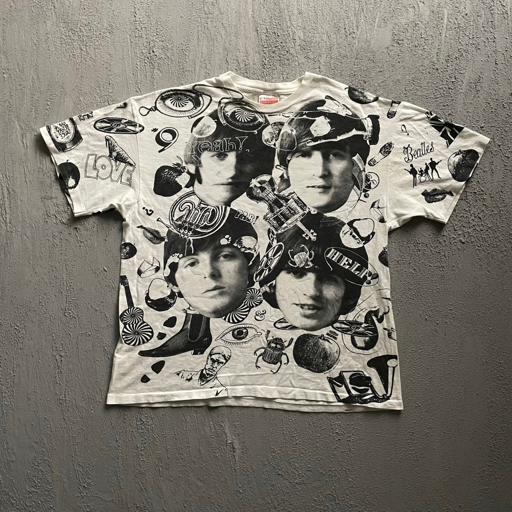 Vintage All Over Print Band‎ T Shirt Men XL White 1990s Hanes The Beatles